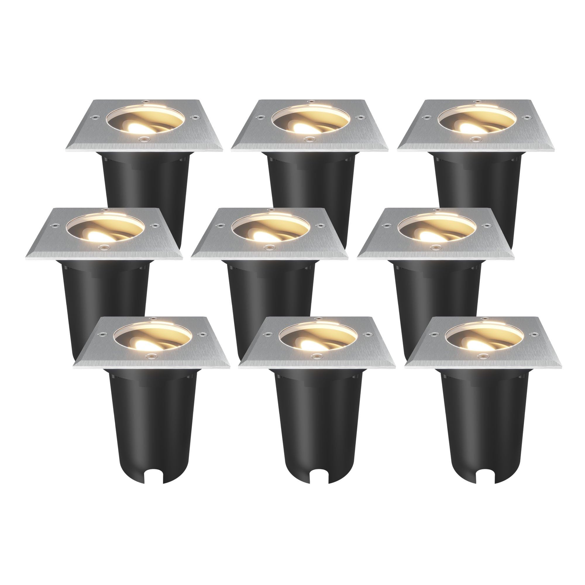 Ledvion - 9X Square LED Ground Recessed Lights, GU10, Stainless Steel, IP67, 1m Cable, Adjustable, Outdoor Lighting