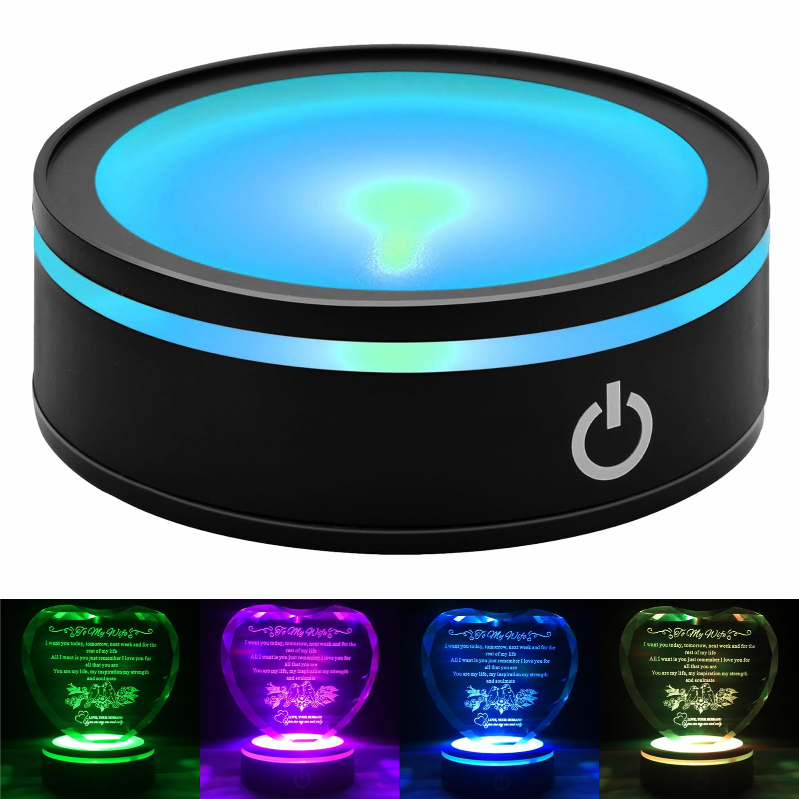 Touch Switch LED Light Display Stand Base for 3D Crystal Glass Art,Room Decoration and Holiday Casual Atmosphere Ornament Lamp- 3.15” Round Illuminated Holder Colorful Lights - Black (Flat)-image-49