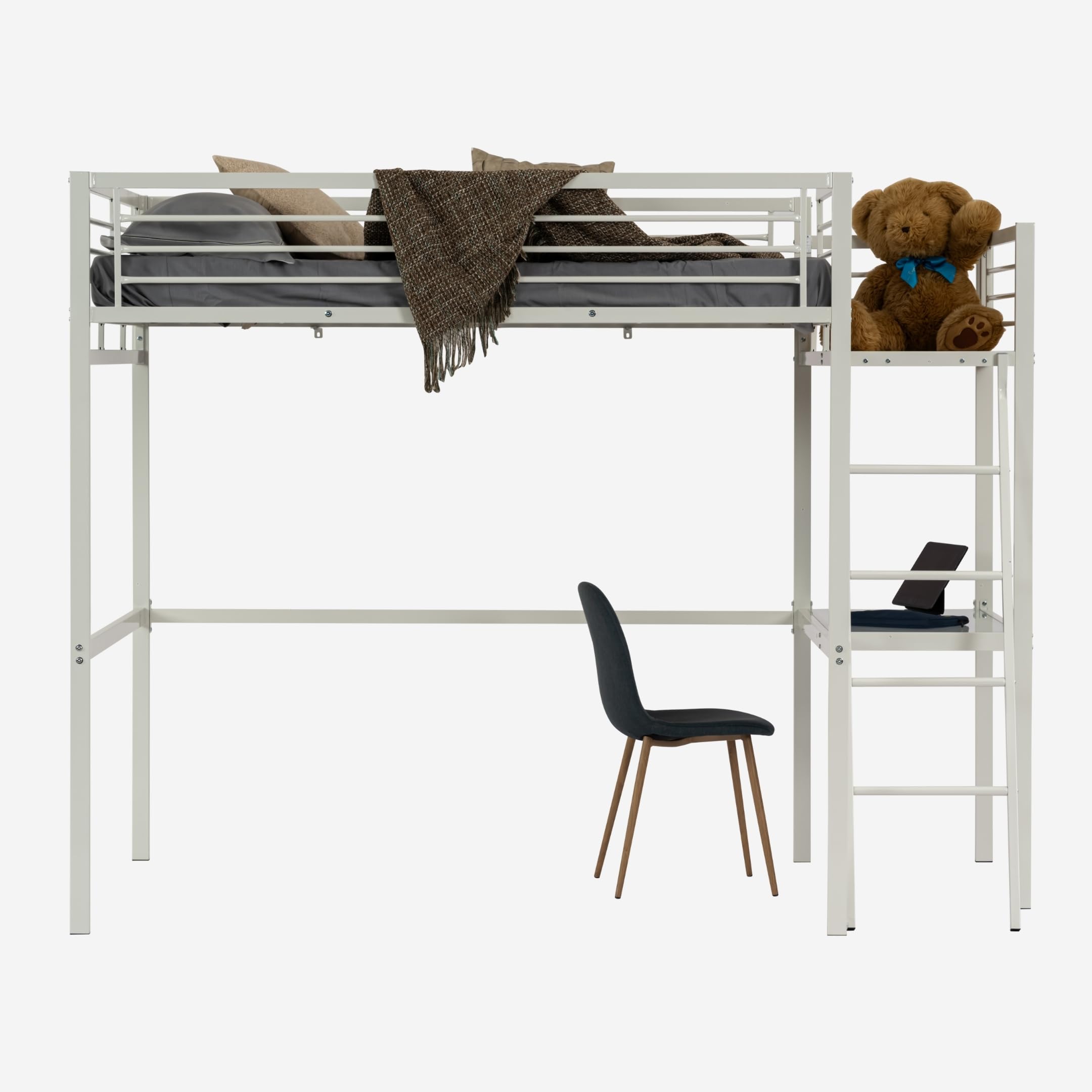 MEUBLE Cosy Literas Juveniles Cama Alta Estructura de Metal Doble 140 x 190 cm con Escalera y Escritorio para niños, Adolescentes y Adultos, Estilo Industrial, Blanco