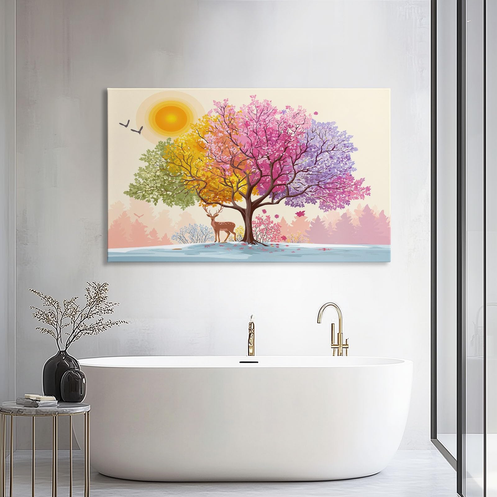 Wandbilder Wohnzimmer, 120 x 80 cm Vier Jahreszeiten Baum Hirsch Leinwand Bilder, Natur Schlafzimmer Aesthetic Büro Flur Esszimmer Treppe Arbeitszimmer, Bunt 1 Teilig Leinwandbilder