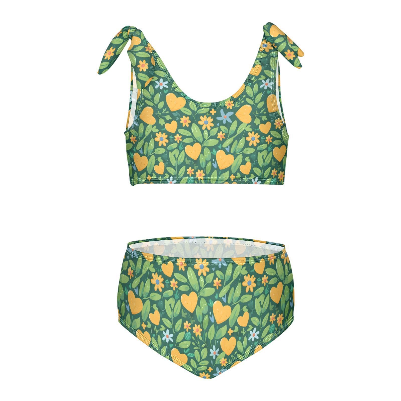 Green Chrysanthemum Pattern Girls Two Piece Tankini Swimsuits Summer Bathing Suit Beach Swimwear Set, 5-6T