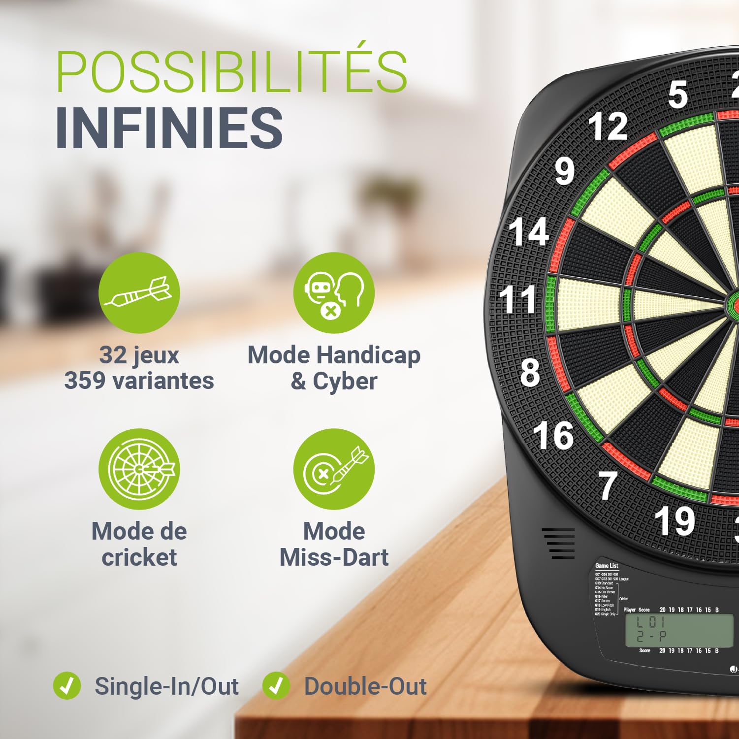 Juskys Cible électronique – Dartboard avec 32 Jeux & 359 Variantes, USB-C, Jusqu’à 8 Joueurs