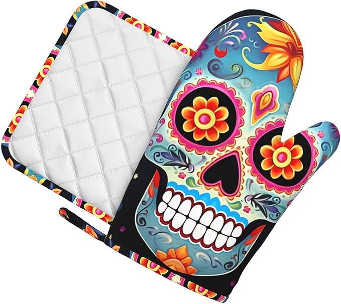 Oven Mitts and Pot Holders 2 pcs Set Oven Glove for Cooking Sugar Skulls Oven Mitt Heat Resistant Kitchen Oven Gloves and Hot Pads Non-Slip Cooking Gloves for Baking Kitchen Hot Pads