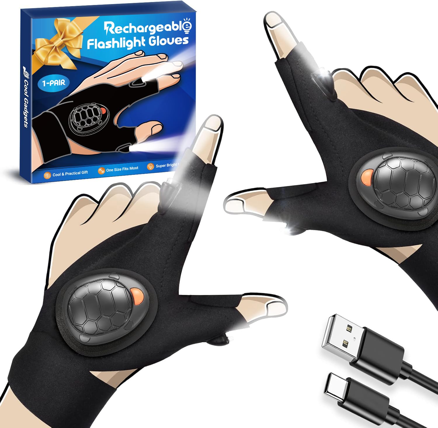 PARIGO Flashlight Gloves for Men Rechargeable (1 Pair) Stocking Stuffers for Men Dad Him Husband Teen Boys, Christmas Birthday Gifts Cool Gadgets Led Gloves for Fishing Camping Repairing