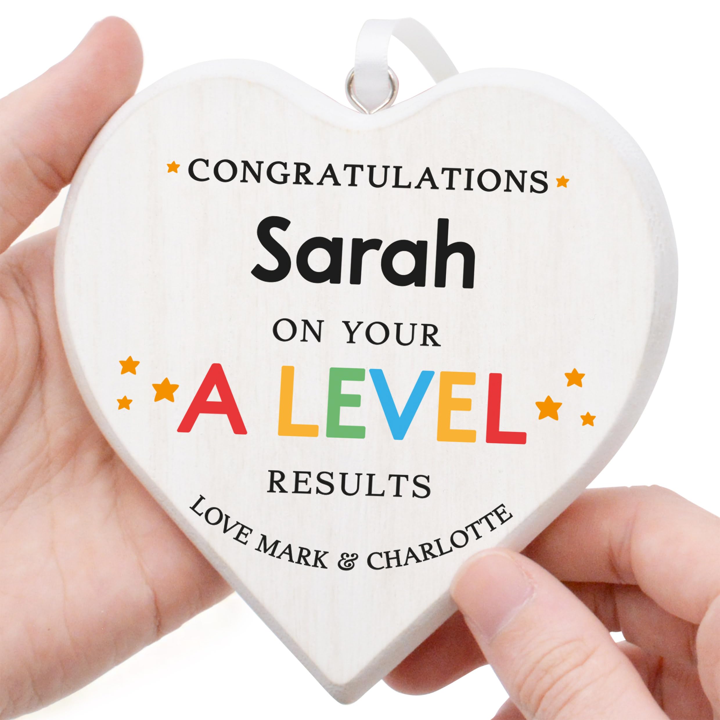 Beecreative Personalised A Level Well Done Gifts - Rustic White Wooden Heart Ornament - A Level Exam Results Congratulations Present