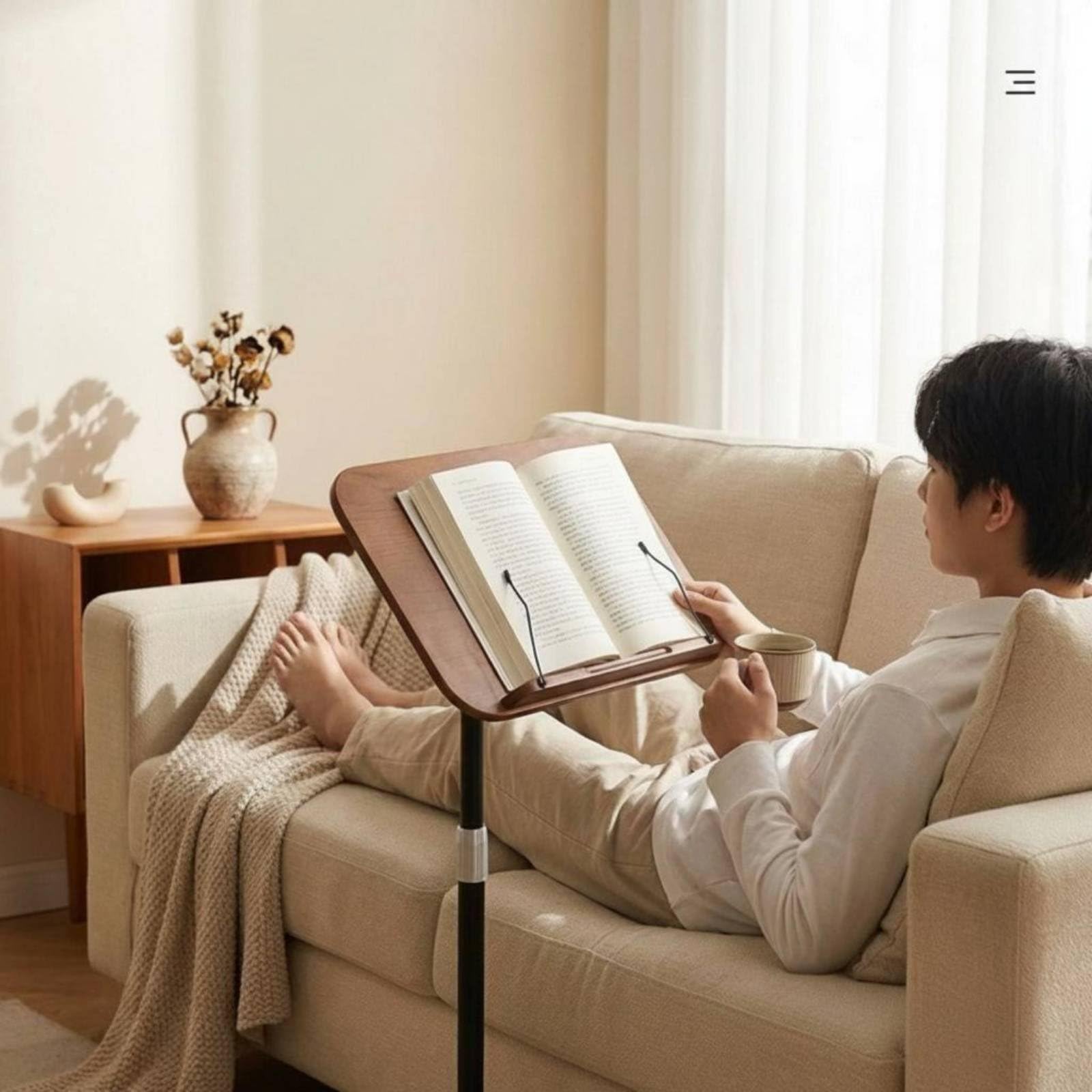 kowaku Atril de Lectura Ajustable Soporte de Libros Atril de Pie Portapartituras Estante de Lectura Combinación Madera y Acero, Soporte De Suelo Elevado, Ajustable De 50 Cm A 1.3 M
