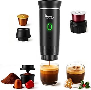 FRESH VITALITY 3-in-1 Portable Espresso Maker – Compact Coffee Machine for Travel | Compatible with Ground Coffee, Large &…