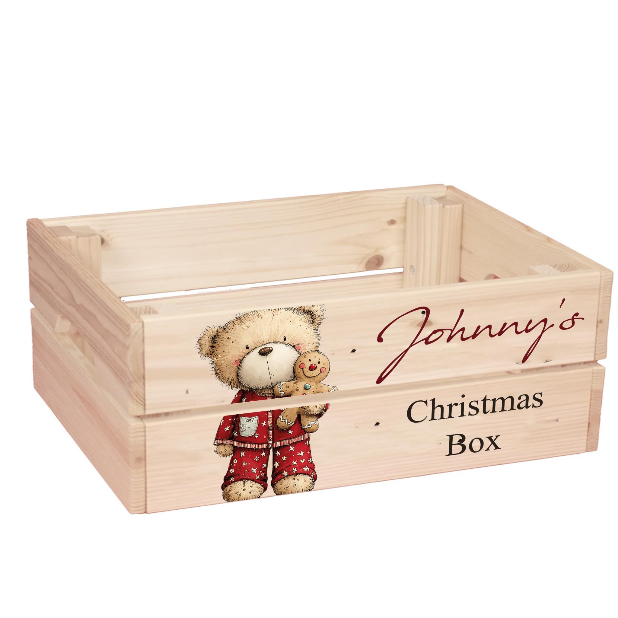 ukgiftstoreonline Personalised Christmas Eve Box with Santa, Trees, Reindeer, Snowman Designs, Wooden Storage Crate, 30.5 x 25 x 12 cm, Holiday Presentation Box with Side Handles (Teddy-1)