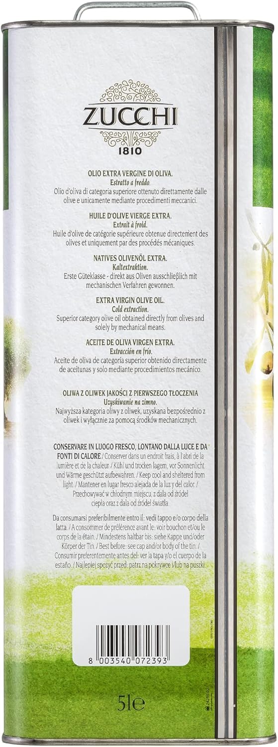 Zucchi 1810 - Olio Extravergine di Oliva - Confezione In Latta da 5 Litri – Olio Estratto A Freddo – Olio Extra Vergine di Oliva Ideale per la Cucina di Tutti I Giorni