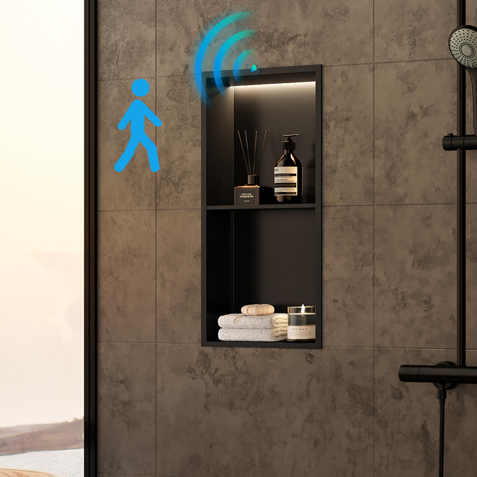 Qeke Stainless Steel Shower Niche 12" X 24", No Tile Needed Wall Niche Double Shelves with Non-Dimmable Led Strip &Motion Sensor, Recessed Shower