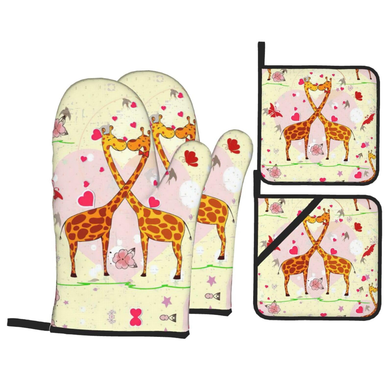 Giraffe Heart Flower Butterfly Print Oven Microwaving Waterproof Kitchen Gloves for Baking Grilling Holiday Cooking