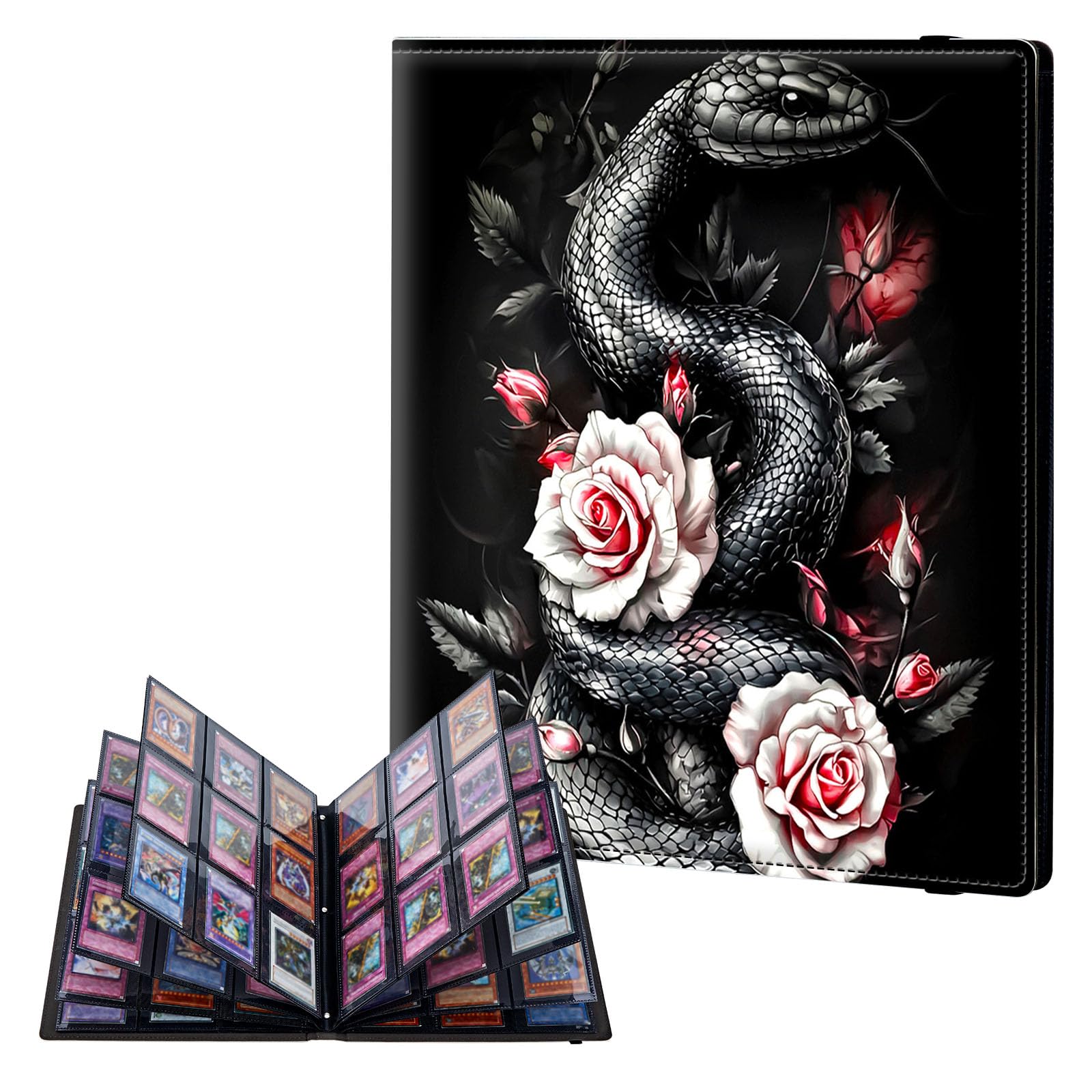 ETLKJVBL 9 Pocket Trading Card Binder, Card Collection Binder for TCG, MTG, Sports Cards, Baseball, Black Snake and Roses Trading Card Book Holder for Collectors, Top Loader Binder — image 1