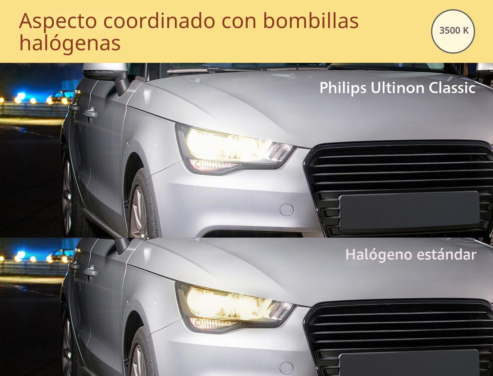 Philips Ultinon Classic lámpara LED para faros de coche (H11), luz blanca cálida de 3.500K, color de luz halógena, 80% más de brillo, lámpara LED de fácil ajuste, juego de 2