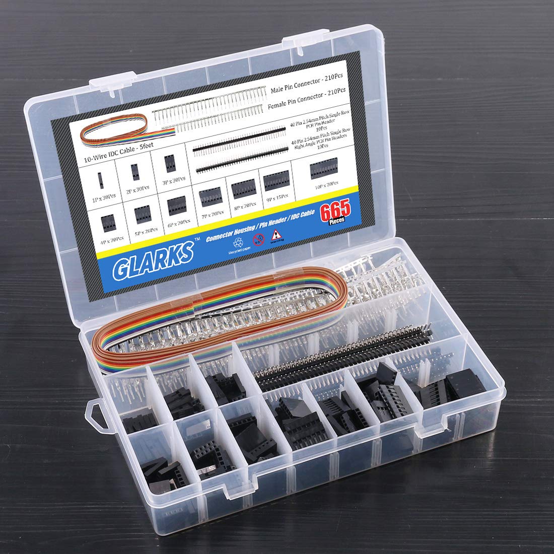 Glarks Lot de 635 connecteurs mâle/femelle, 40 broches, pas de 2,54 mm et 10 câbles plats IDC de couleur arc-en-ciel