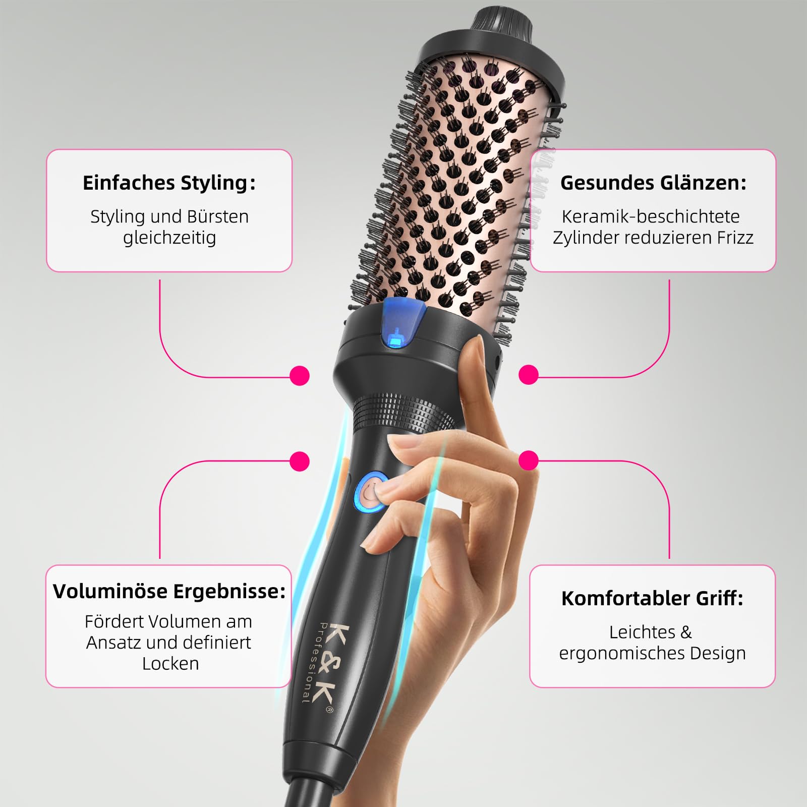 K&K Cepillo térmico de queratina, cepillo térmico de barril caliente, cepillo de pelo caliente, iónico, liso, brillo de volumen, plancha para el pelo, herramienta de peinado, doble tensión (negro, 45