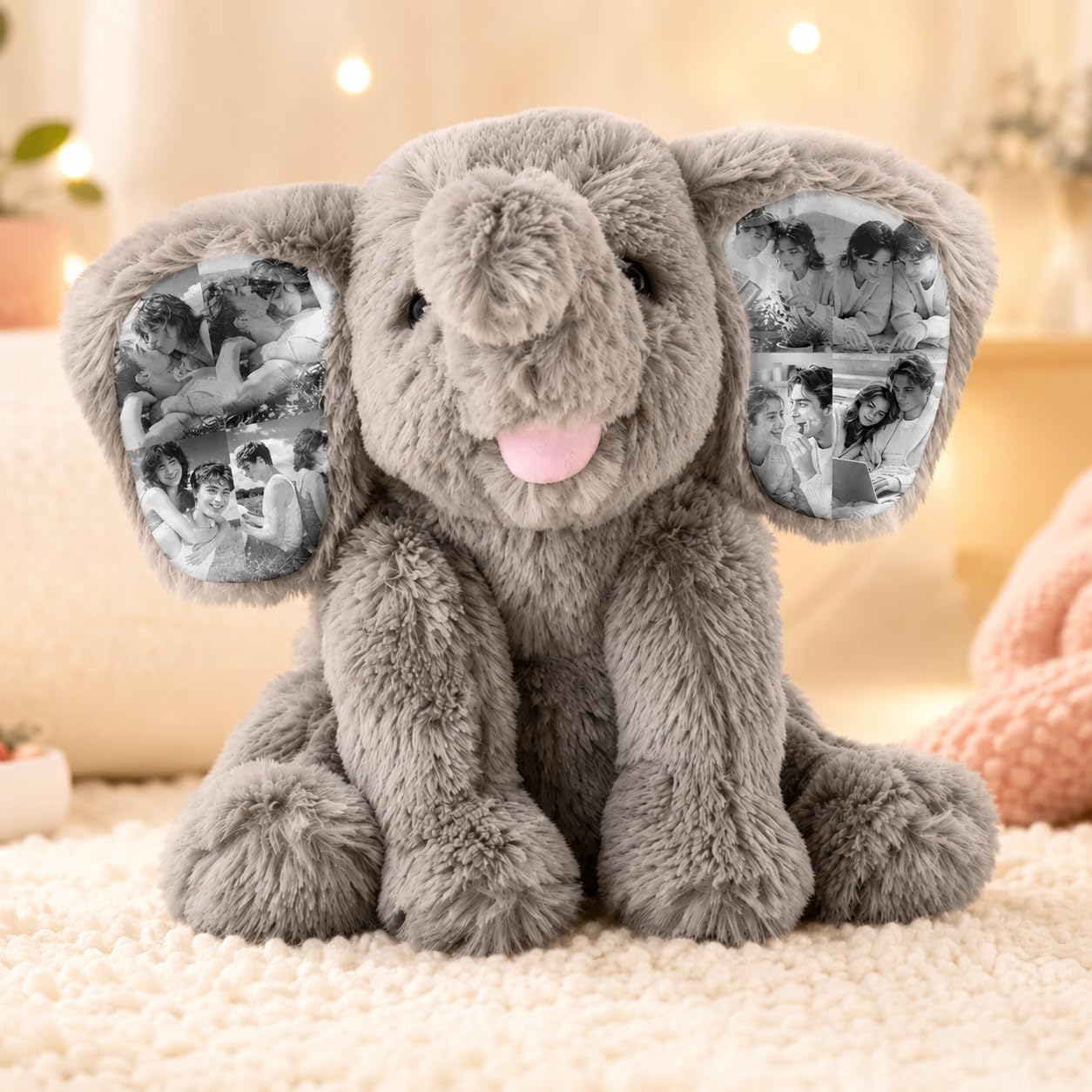 Smile lab Personalised Photo Memory Teddy Elephant Customised Elephant Teddy Plush Keepsake with Hidden 8 Pictures in Ears Personalised Birthday Anniversary Wedding Gifts for Women Men Her Friend