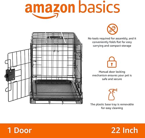 Miniatura 2 de Tienda Basics Caja de perro duradera y plegable de alambre de metal con bandeja, puerta individual, 22 pulgadas, color negro