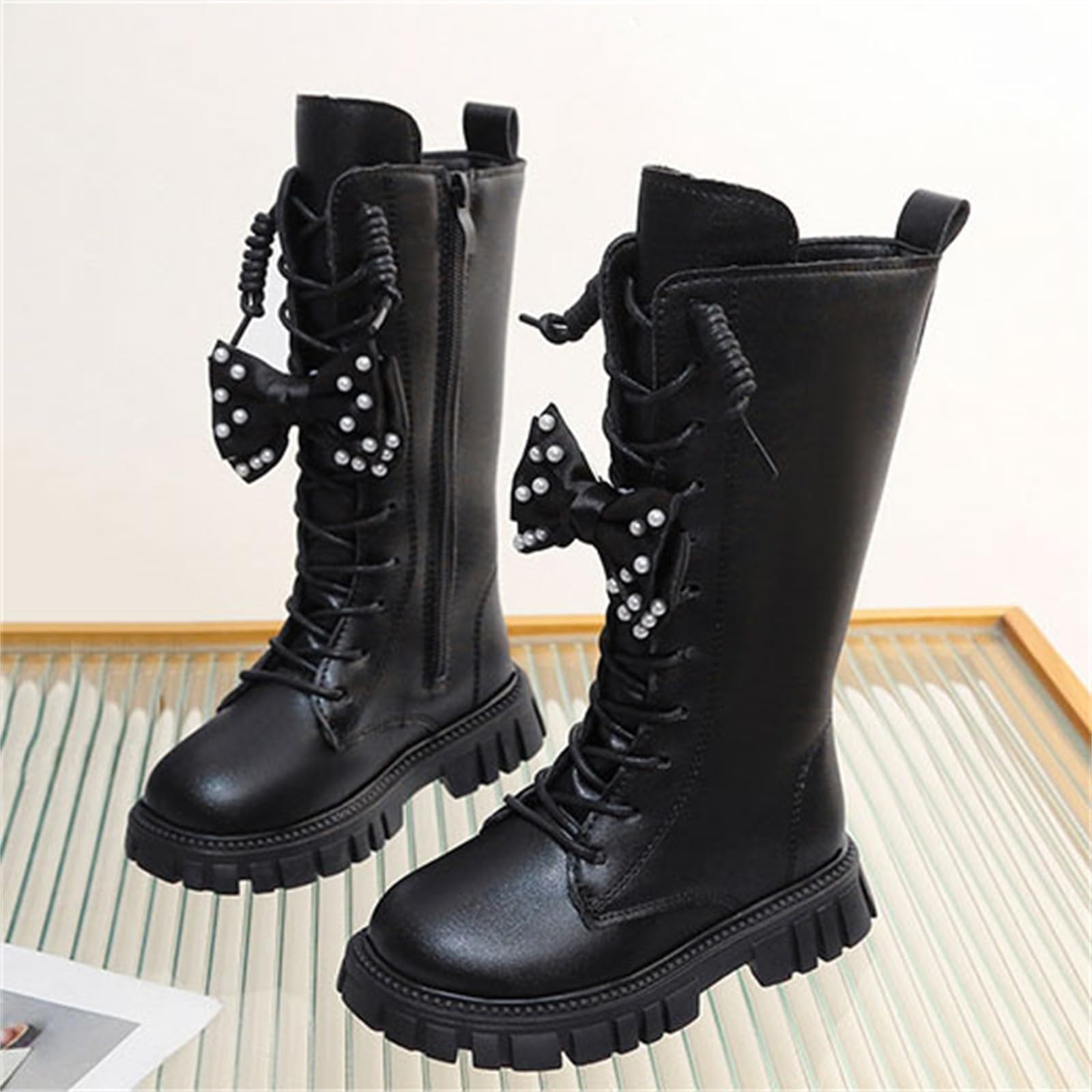 Mädchen Langschaft Stiefel Perlen Schleife Schnürstiefel aus Leder