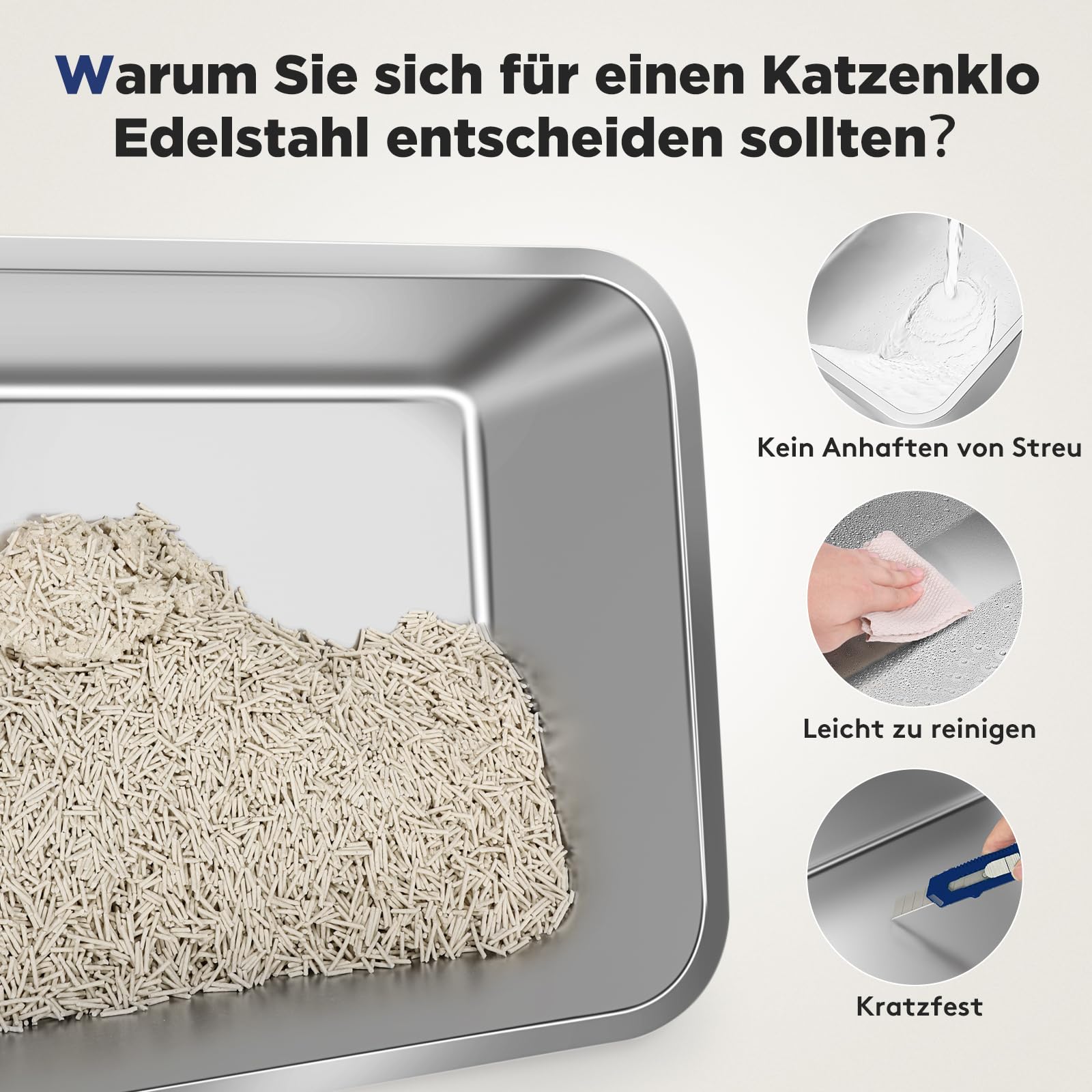 MIXJOY Edelstahl Katzenklo XXL mit Deckel, Katzentoilette Edelstahl Zwei-Tür-Konfiguration, Geschlossenes Katzenklo mit Schaufel, Leicht zu Reinigen, Geeignet für große/mehrere Katzen, 59x38x39cm