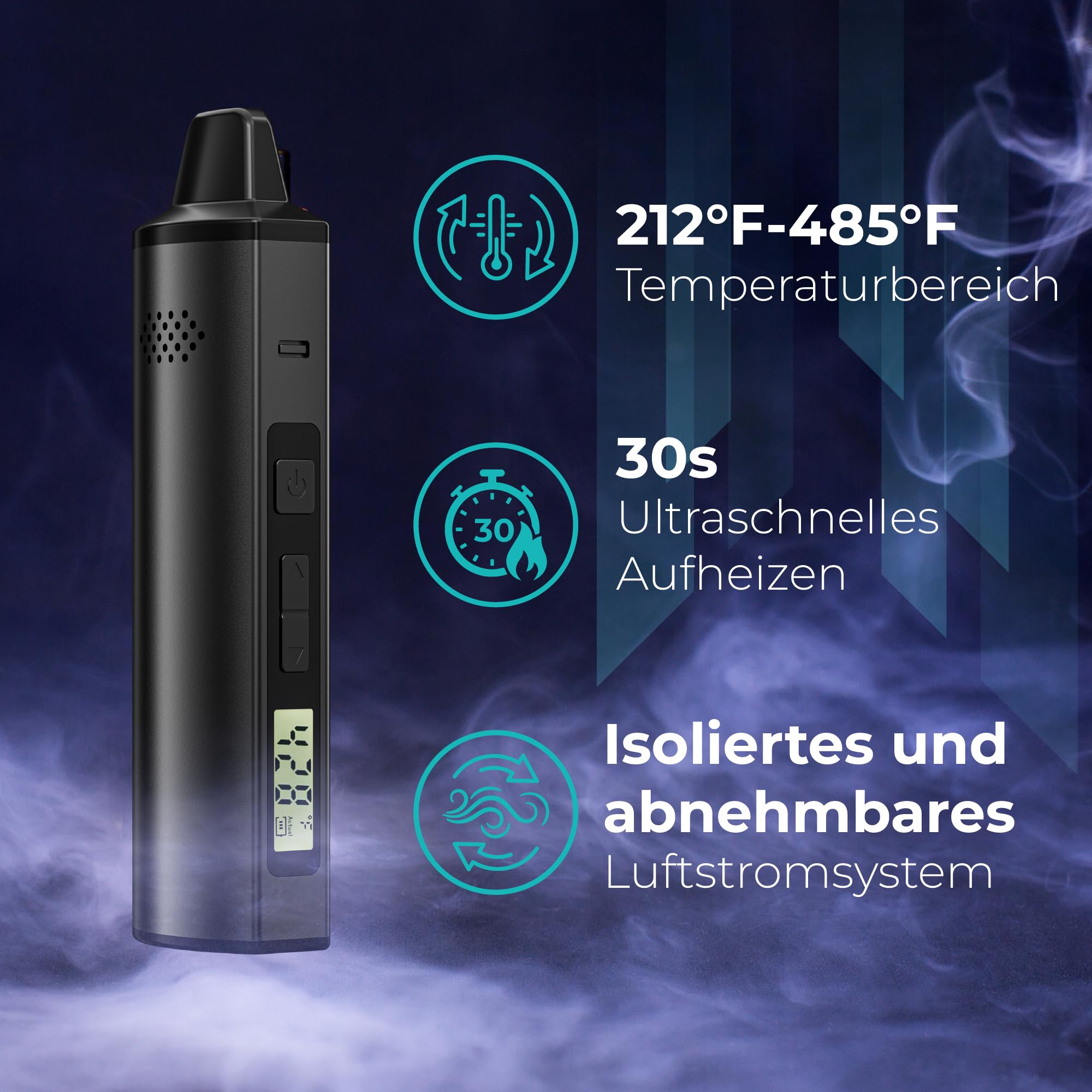 Vaporizer Cannabis verdampfer IOUQ KIT kräuter verdampfer Keramische Heizkammer LCD Display Bildschirm unterstützt weed e zigarette präzise Temperaturregelung (TiefSchwarz) | Dry Herb Vaporizer mit Temperaturregelung/Keramikkammer/LCD/Aluminiumkörper/niko