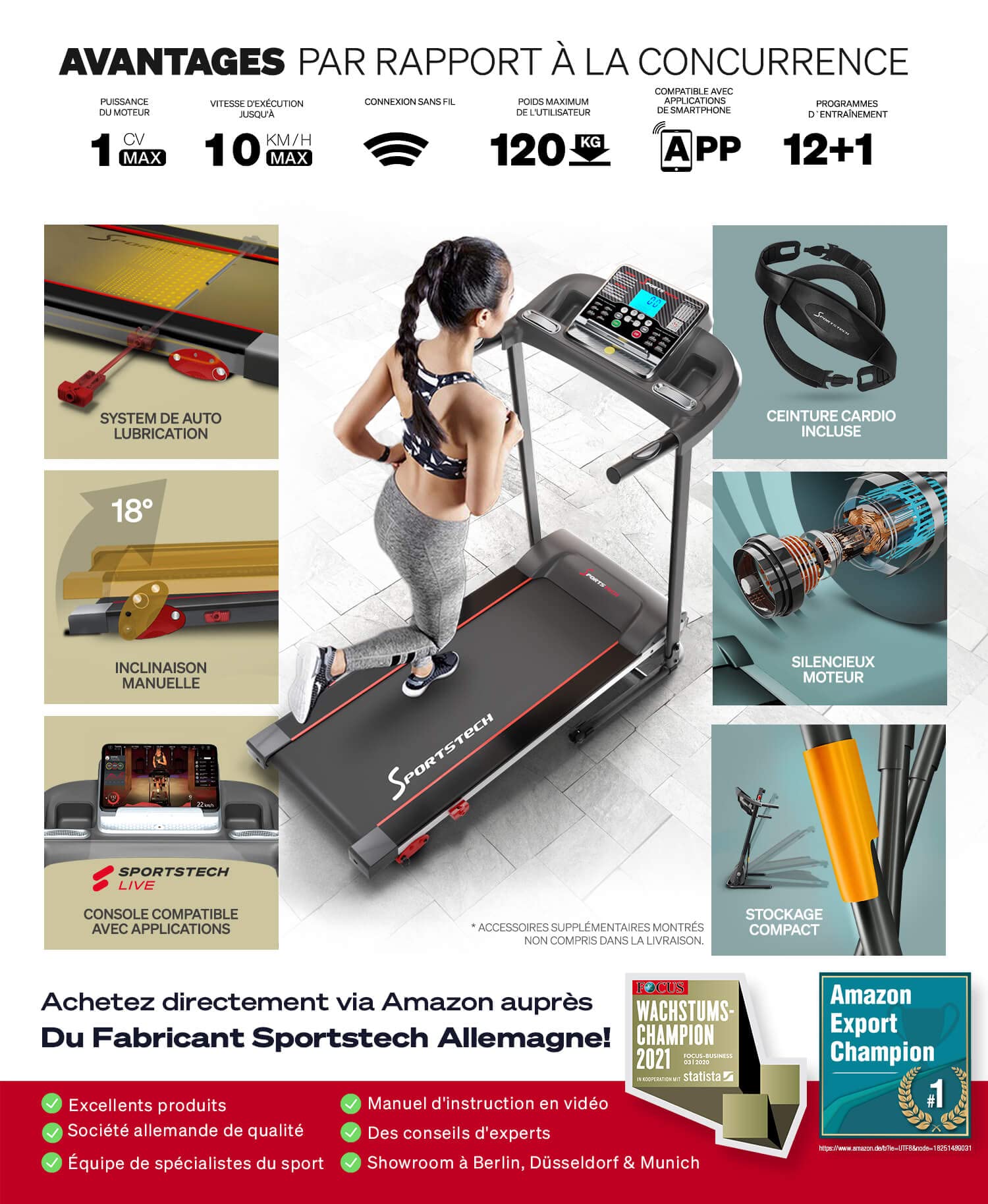 Sportstech F10 - Tapis de Course Pliable, Tapis Roulant, Walking Pad, avec 1 an d'App STL Incluse, Bluetooth,12 Programmes, 10km/h, Cardio, Autolubrification, Silencieux, Multi-Couche, LCD, 120kg Max