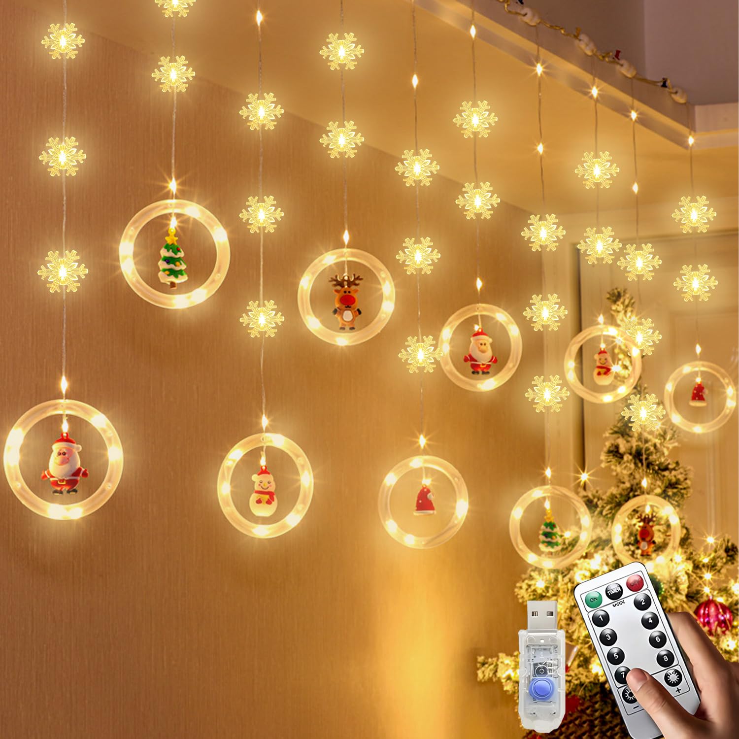 LIENGHNS Guirnalda Cortina Luces, 3M 120 Cortina Luces Navidad Decoración, Guirnalda Cadena De Luces, Guirnalda Luces Navidad para Ventanas Dormitorio Decoraciones navideñas, Blanco Cálido USB