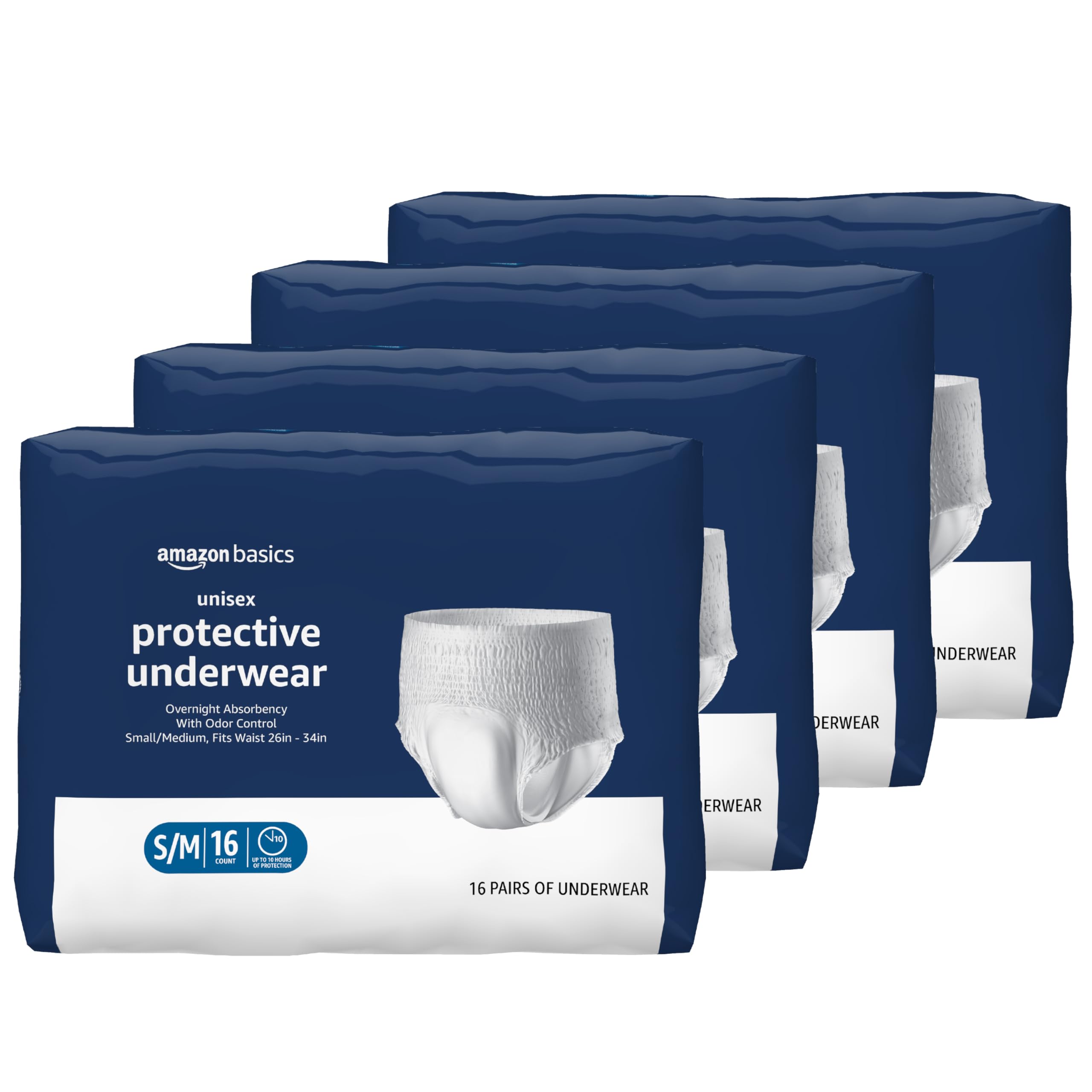 Amazon Basics Unisex Protective Underwear, Overnight Absorbency, Small/Medium, 64 Count, (4 Packs of 16)