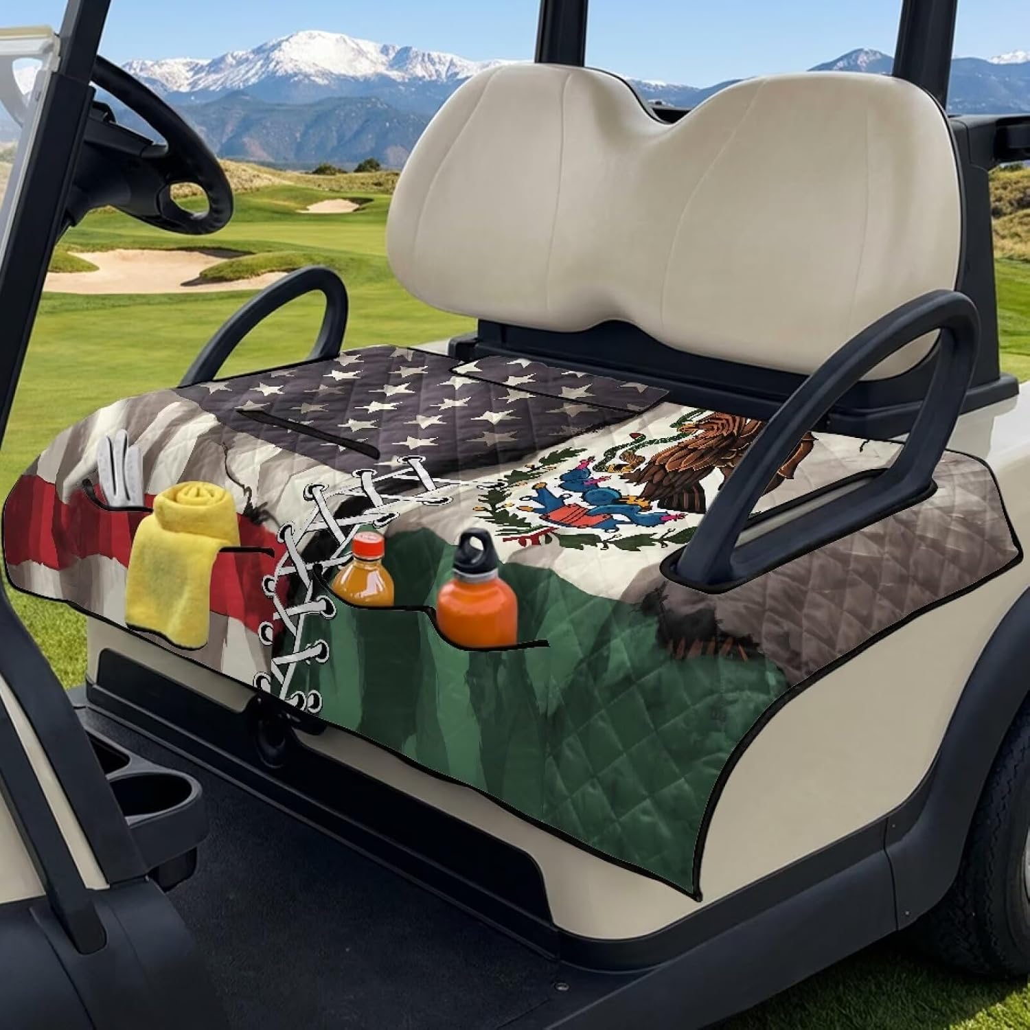 Biyejit Sea Turtle Coral Golf Cart Seat Towel Blanket Covers with 4 Front Pockets and Handle, Anti-hot Golf Cart Accessories, 2 Person Seats Club Car Seat Towel for Women Men Keeps Seat Cool