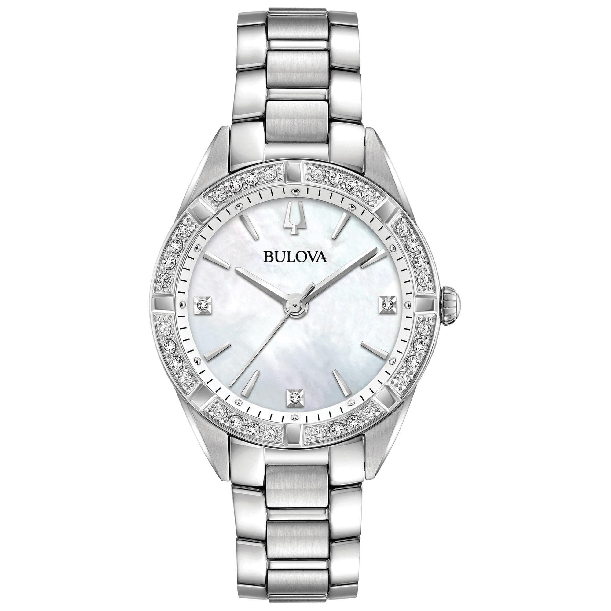 Bulova Ladies' Classic Sutton Stainless Steel 3-Hand Quartz Watch, Diamond Dial and Bezel with White Mother-of-Pearl Dial Style: 96R228