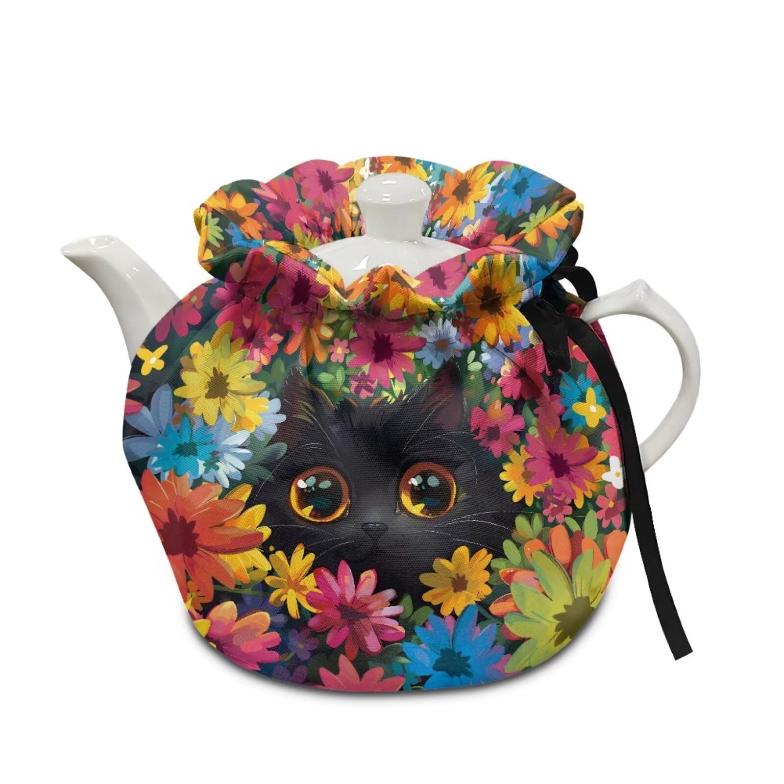 Xoenoiee Cute Cat Vibrant Flowers Print Tea Pot Cosy Cotton Tea Cozy for Teapots Dust Cover Insulated Kettle Cover Teapot Warmer for Home Kitchen Decorative Accessories