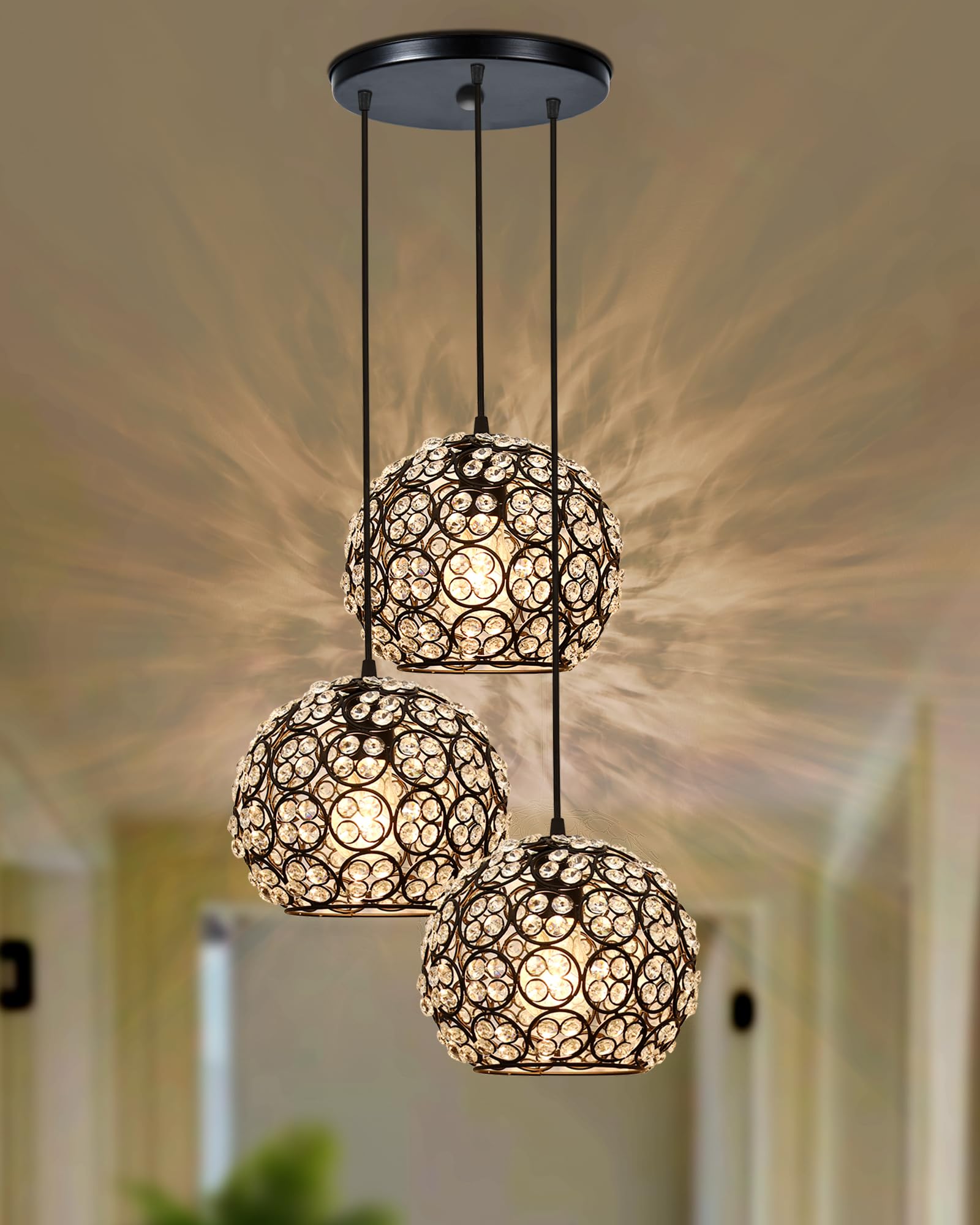 Homesake®3-Lights Round Cluster Globe Chandelier Quad Crystal Hanging Light, Decorative, Black, Kitchen Area and Dining Room Light, LED/Filament Light-image-19