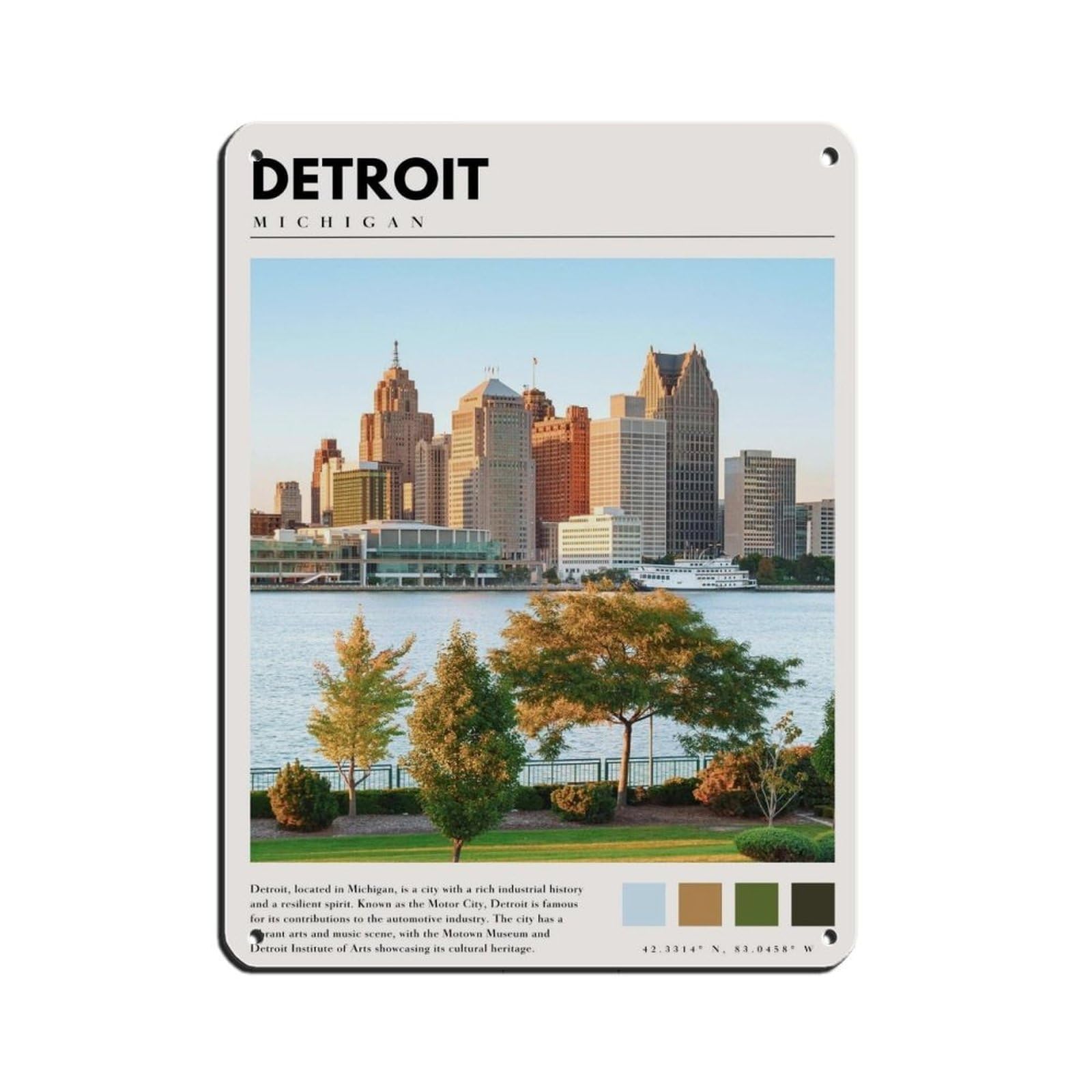 Detroit Michigan Poster Detroit Photo Art Retro Poster Metal Tin Sign Chic Art Retro Iron Painting Bar People Cave Cafe Family Garage Poster Wall Decoration 12x16inch(30x40cm)