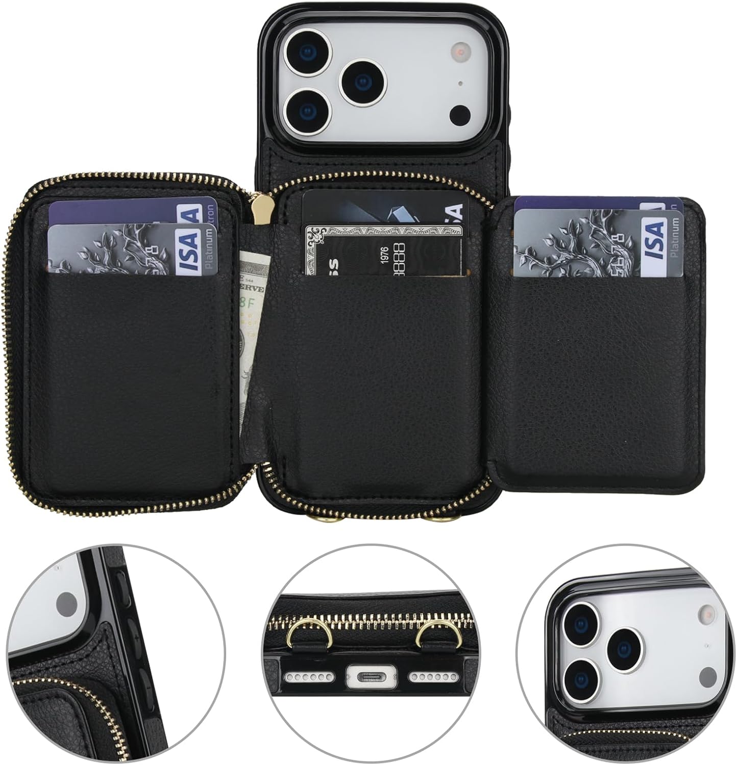 Bocasal RFID Blocking Wallet Case for iPhone 17 Pro Max, Adjustable Crossbody Zipper Purse Case Card Holder with Kickstand Detachable Wrist Strap, PU Leather Flip Folio Case 6.9 Inch 5G (Black) - Image 7