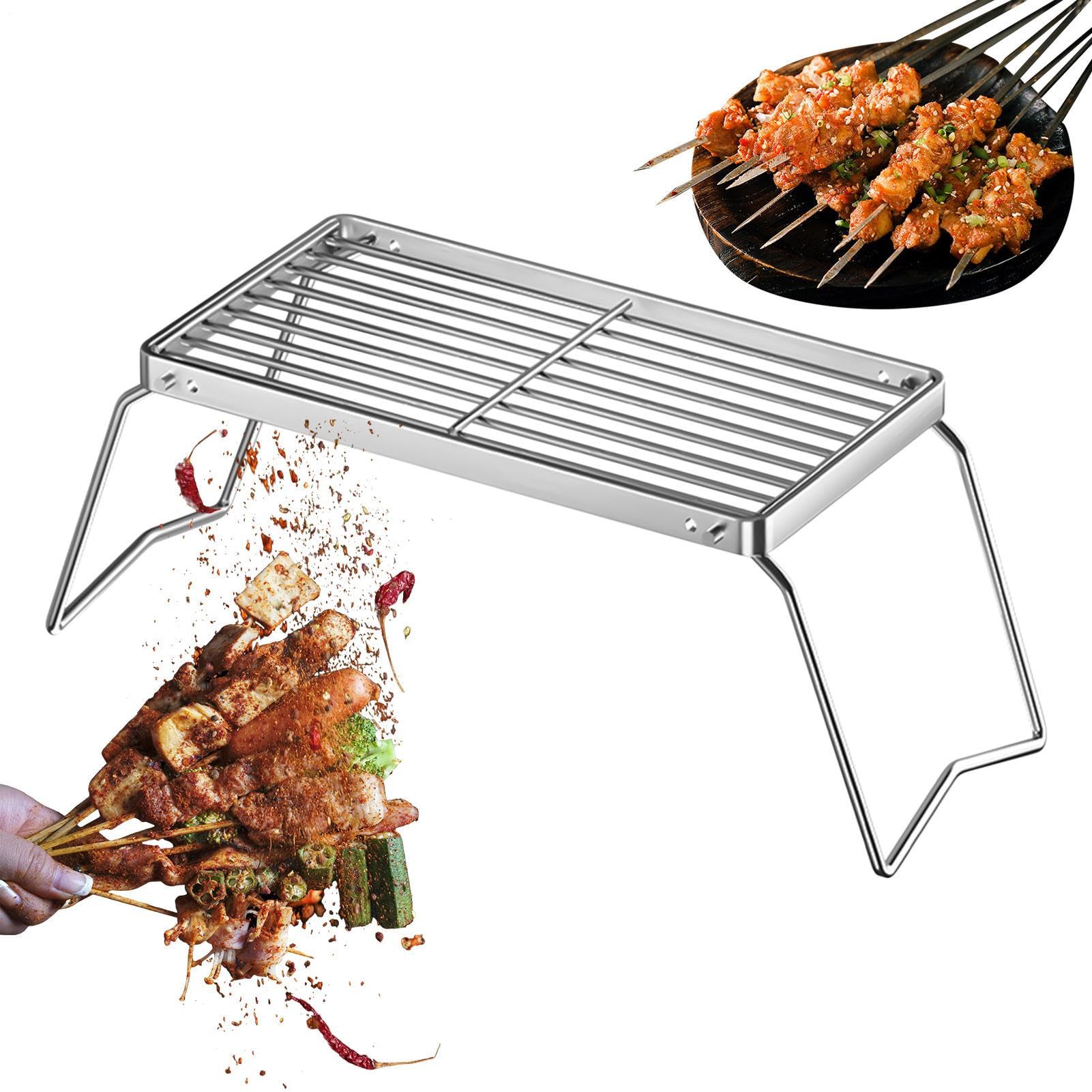 Grill Rack, Foldable Cooking Stand, Portable BBQ Grid, Silver, Compact Fire Pit Tool, for Outdoor Stove Griddle Yard Gathering Camping Backpacking Fishing Vegetables Chicken Use
