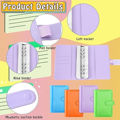 Miniatura 3 de Chuangdi Carpeta de presupuesto de piel sintética A6, 24 unidades, rellenable, 6 anillos, cubierta para cuaderno, bolsillo de papel, carpeta de