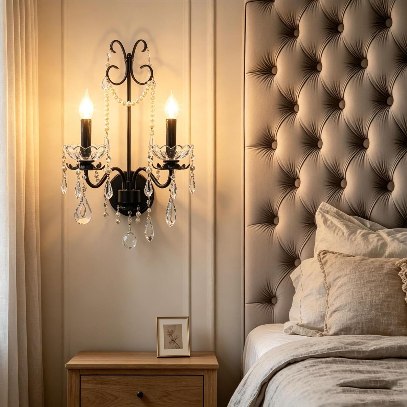 Aplique de Pared Vintage 2 Luces Perlas Artificiales Cristal Hierro