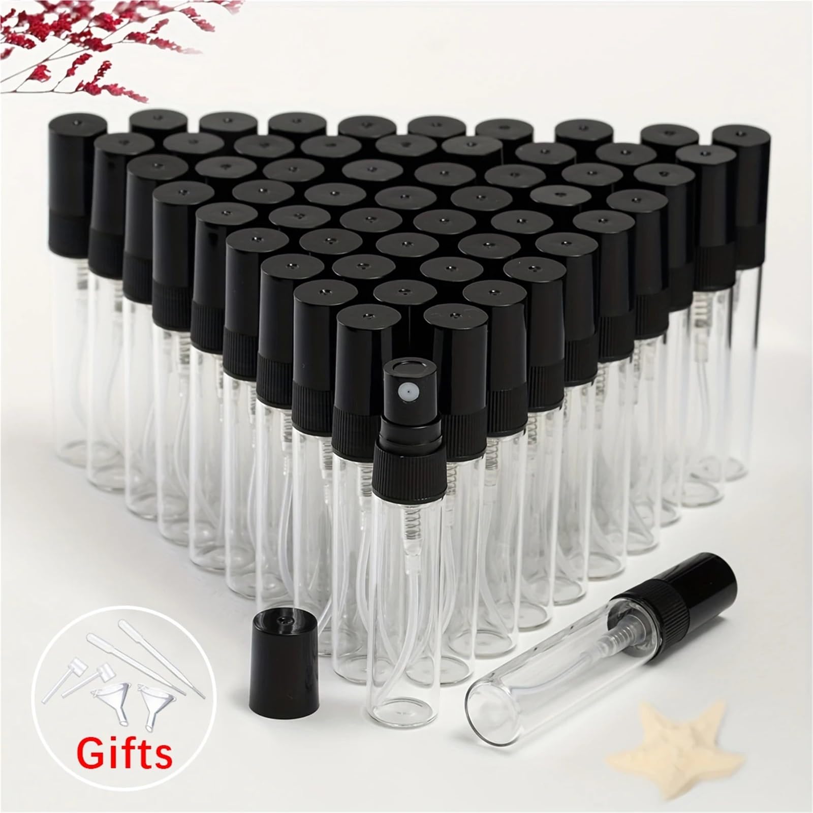 Parfümzerstäuber 50 Stück 6 Zubehörteile Transparente Parfümflaschen aus Glas, nachfüllbare Sprühflaschen, 0,07 oz,1,17,34(10ml)