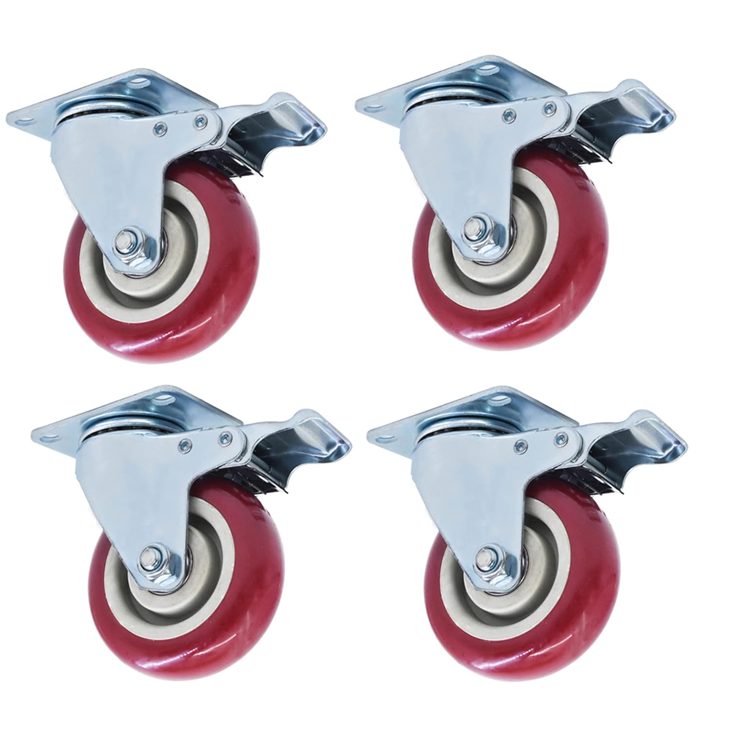 4 Pack 4 Caster Wheel with Brake Lockable Red Smooth and Sturdy Heavy Duty Swivel Chair Caster Rotate 360 Degrees