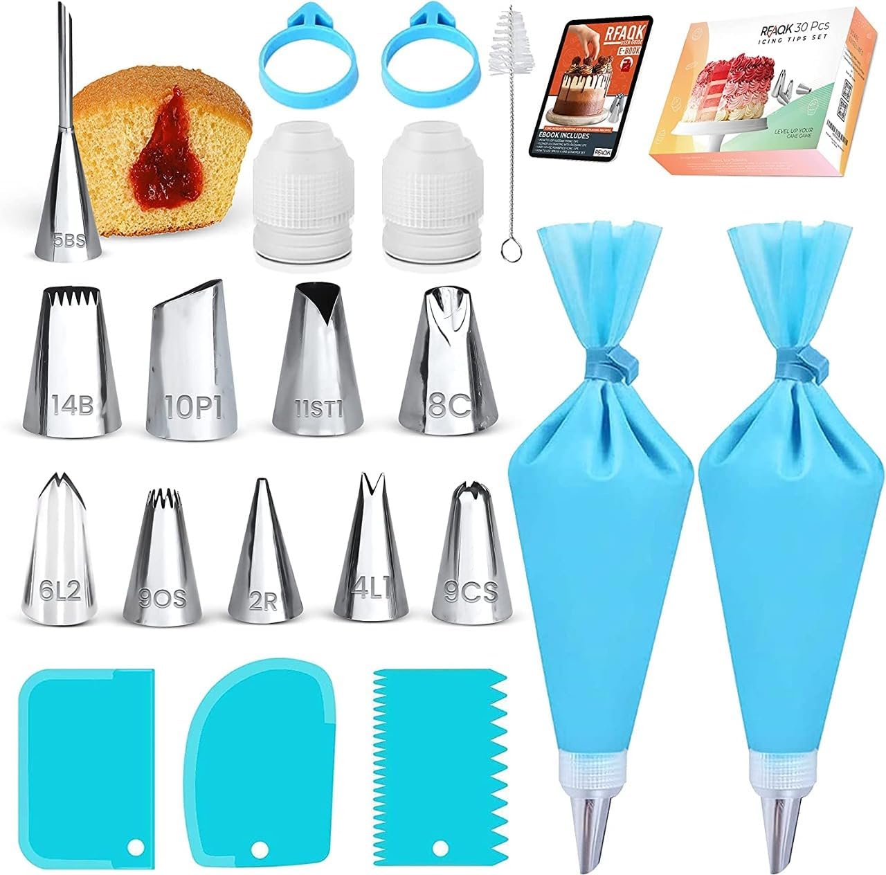 RFAQK30 PCs Piping Bags and Nozzles-16 Numbered Piping Nozzle & 10 Piping Bag Disposable with Pattern Chart & EBook-Icing Bags and Nozzles Set-Cupcake Cookie Decorating Tips Piping Kit & Baking Tools