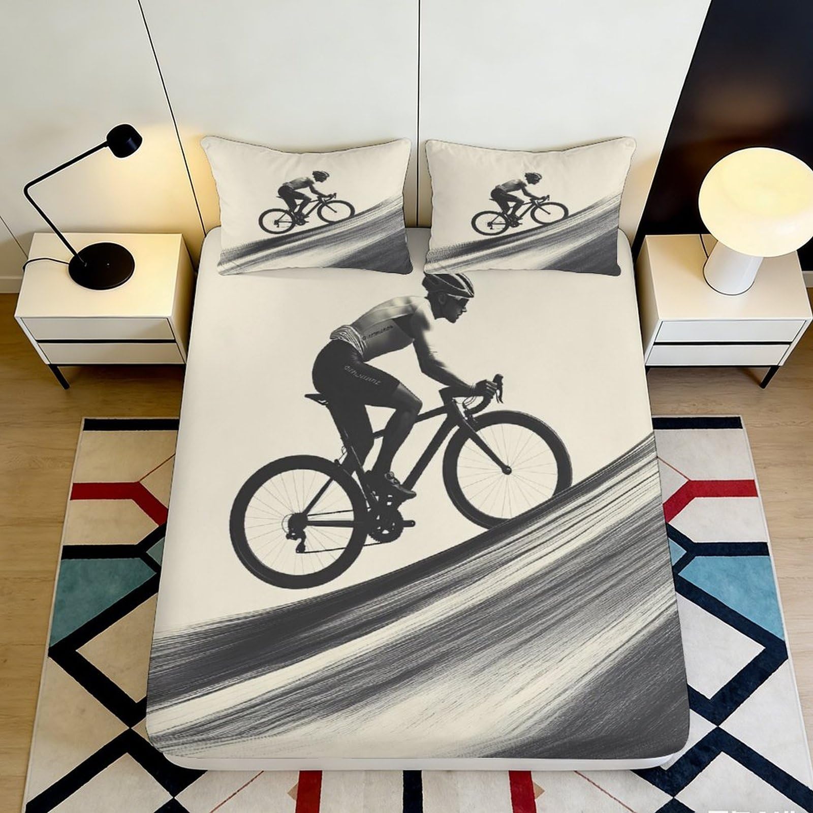 3D Printed Cyclist Fitted Sheet Microfiber Soft Breathable Biker Design Mattress Cover for Bedroom Dormitory Guest Room Mattress Protection 140x200x25cm