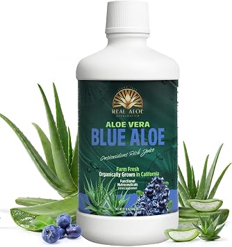 Real Aloe Blue Aloe Juice 32 fl oz | Organic California-Grown Aloe Vera with Real Blueberry | Aloin-Free Inner Leaf | Hydration & Daily Wellness Support | Dietary Supplement | Made in USA