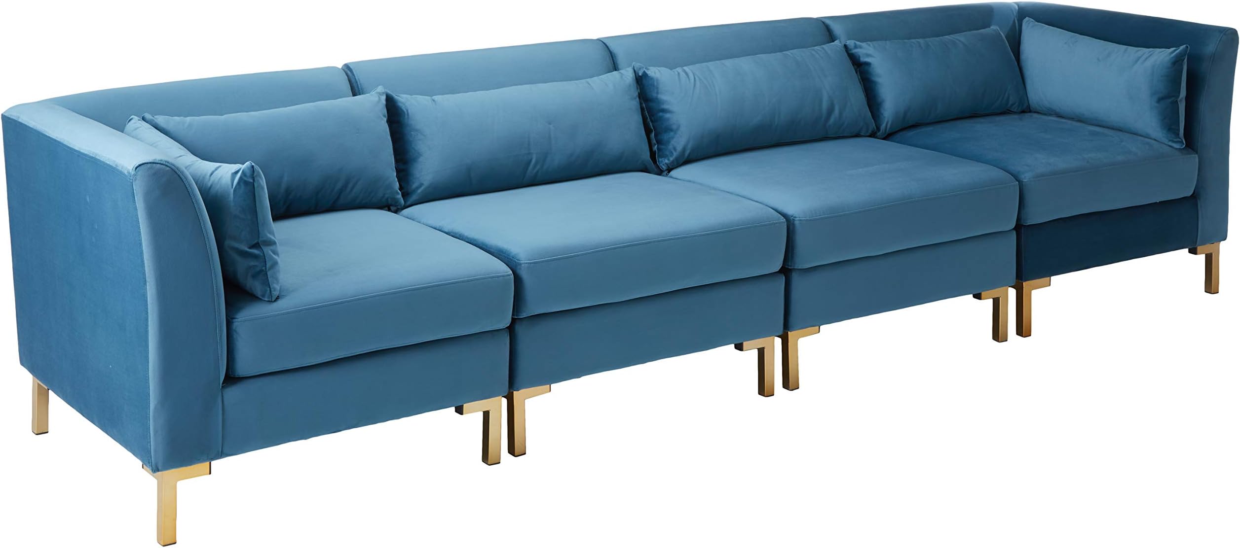 Iconic Home Girardi Modular Chaise Sectional Sofa Velvet Upholstered Solid Gold Tone Metal Y-Leg with 6 Throw Pillows Modern Contemporary, Teal