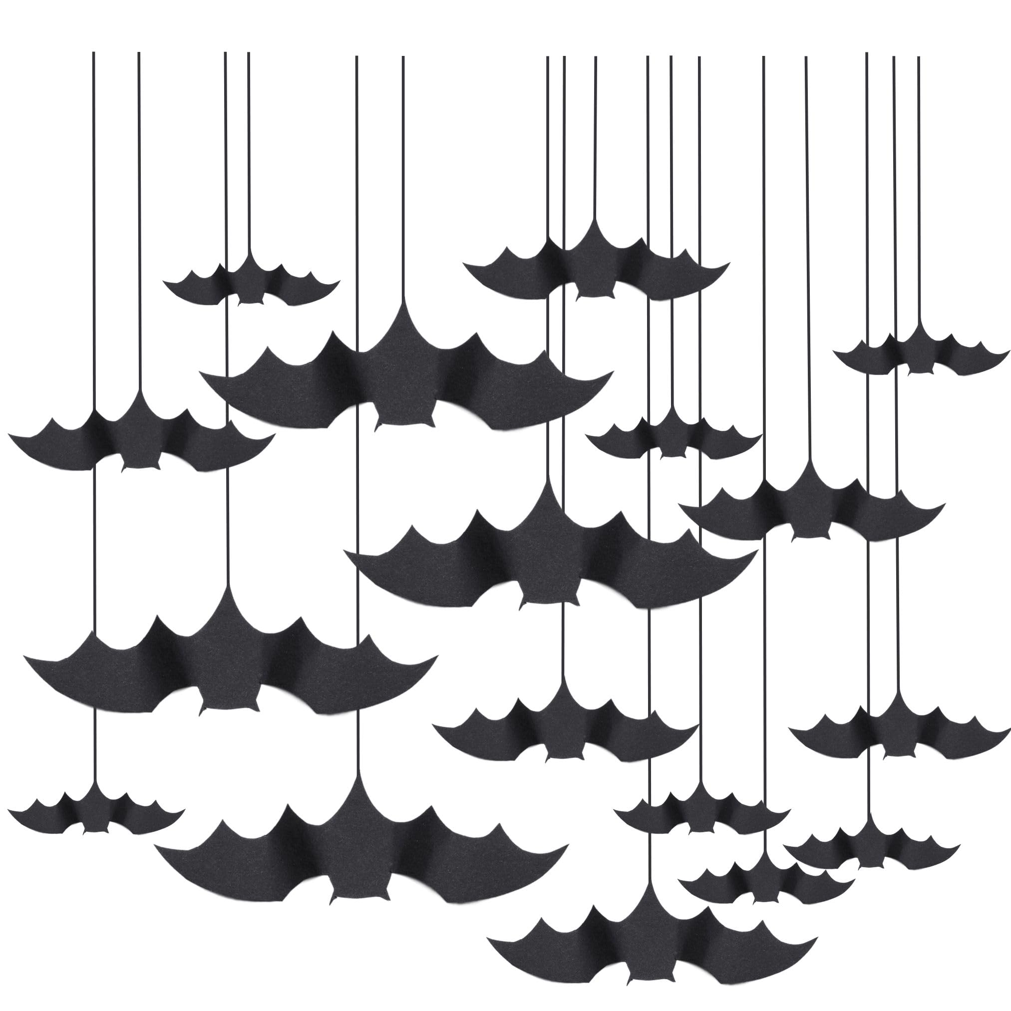 AKH® Halloween Hanging Bat Decorations | Pack of 20 | Door Strings Ceiling Paper Bat Decorations for Halloween | Spooky Bat Garland with black string | Bat themed Halloween Party Supplies