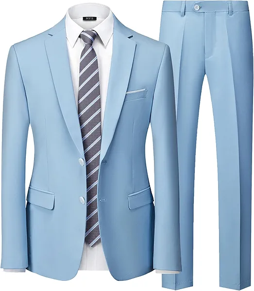 MY'S Men's Slim Fit 2 Piece Two Button Suit, Notch Lapel Jacket Pants Set with Tie, Solid Party Wedding Dress Blazer