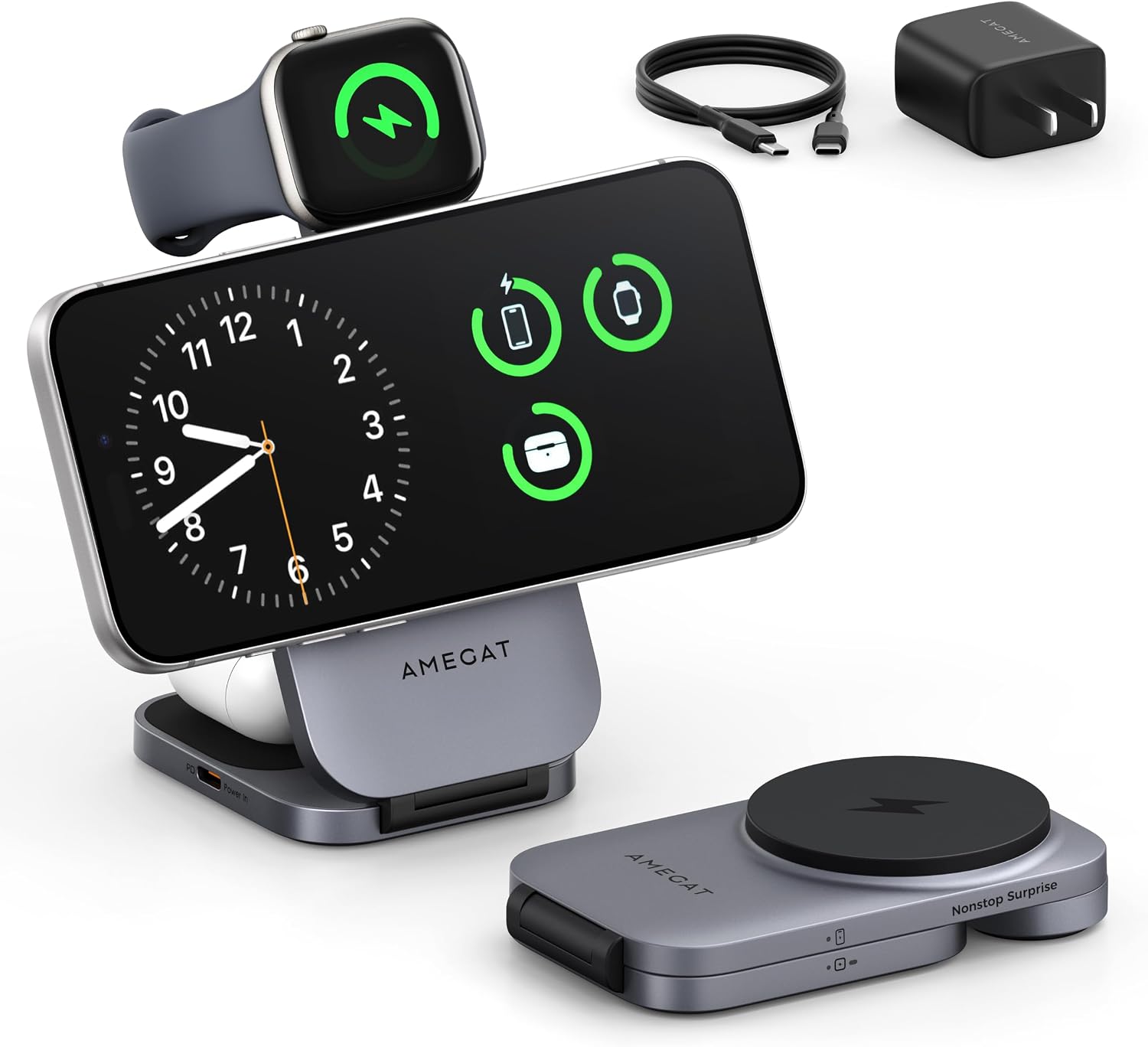 Foldable 3-in-1 Wireless Charging Station for Apple Magsafe Charger Stand: 15W Fast Magnetic Wireless Charger Station for iPhone 17 Air 16 15 14 13 12 Series, Airpods, Apple Watch with Travel Case