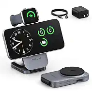 Foldable 3-in-1 Wireless Charging Station for Apple Magsafe Charger Stand: 15W Fast Magnetic Wireless Charger Station for iPhone 17 Air 16 15 14 13 12 Series, Airpods, Apple Watch with Travel Case