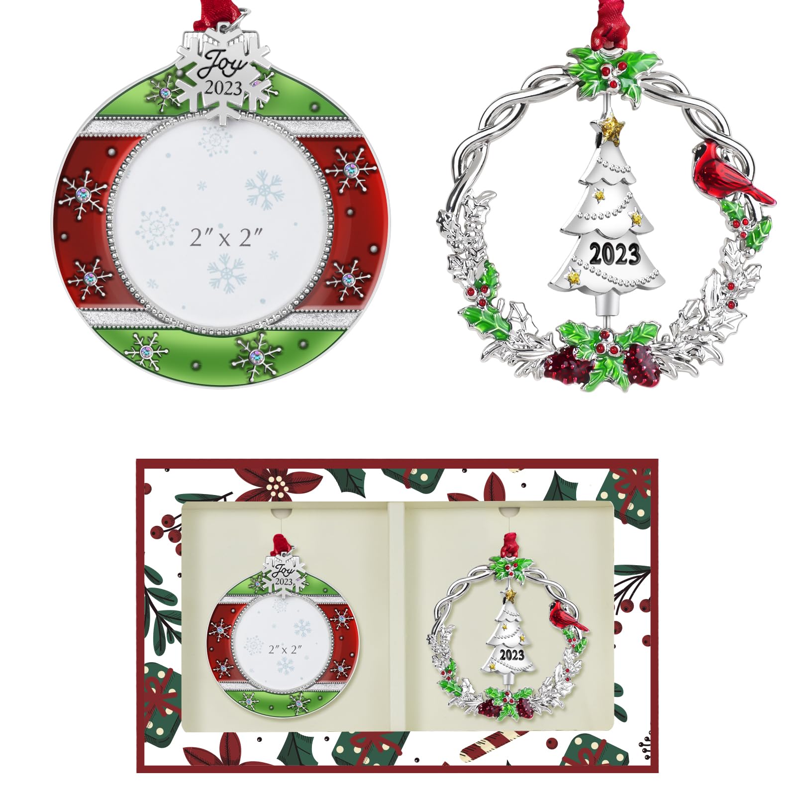 Mulumu Christmas Tree Ornament Metal Silver Hanging Rotatable Design Charm Holiday Decorative Pendant Gift Keepsake (Photo Frame Combo 2023)