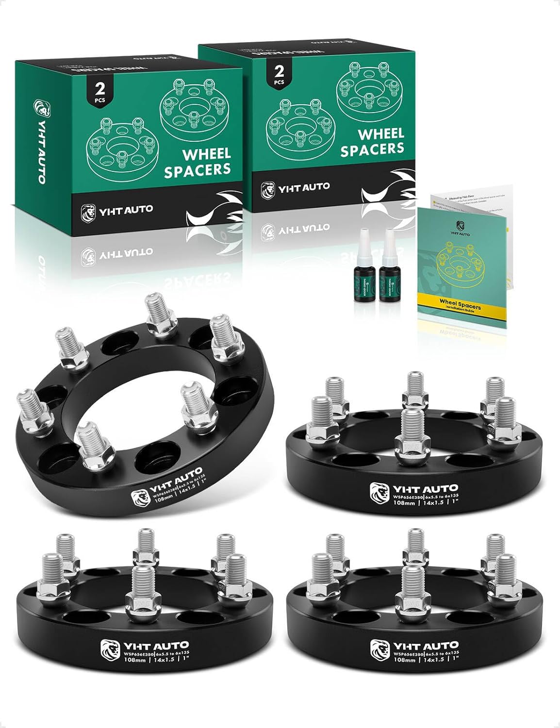 YHTAUTO 6x5.5 to 6x135mm Wheel Adapters 1" Compatible with Chevrolet Cadillac GMC Ram Models: Silverado Yukon, Tire Spacers w/M14x1.5" & 12.9 Grade Studs, 108mm Center Bore 6 Lug 4PCS