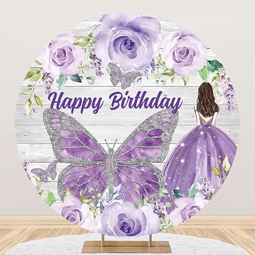 Miniatura 7 de Leyiyi Telón de fondo redondo de 6.5 x 6.5 pies, diseño de flores de acuarela rosa, mariposa, fondo de círculo de madera rústica, para niñas y