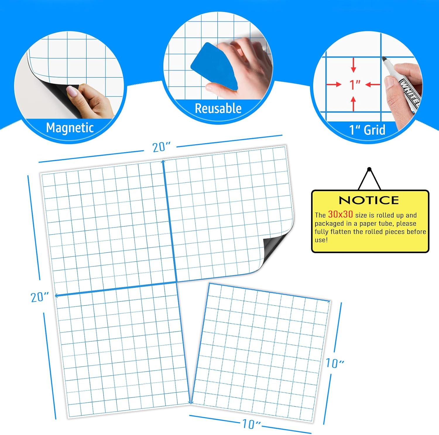 Magnetic Graph Paper for Whiteboard: 4-in-1 Dry Erase Grid XY Coordinate Plane for White Board - 20"x20" Reusable Axis Board with Markers, Magnets, Eraser for Math Teacher Classroom Must Have